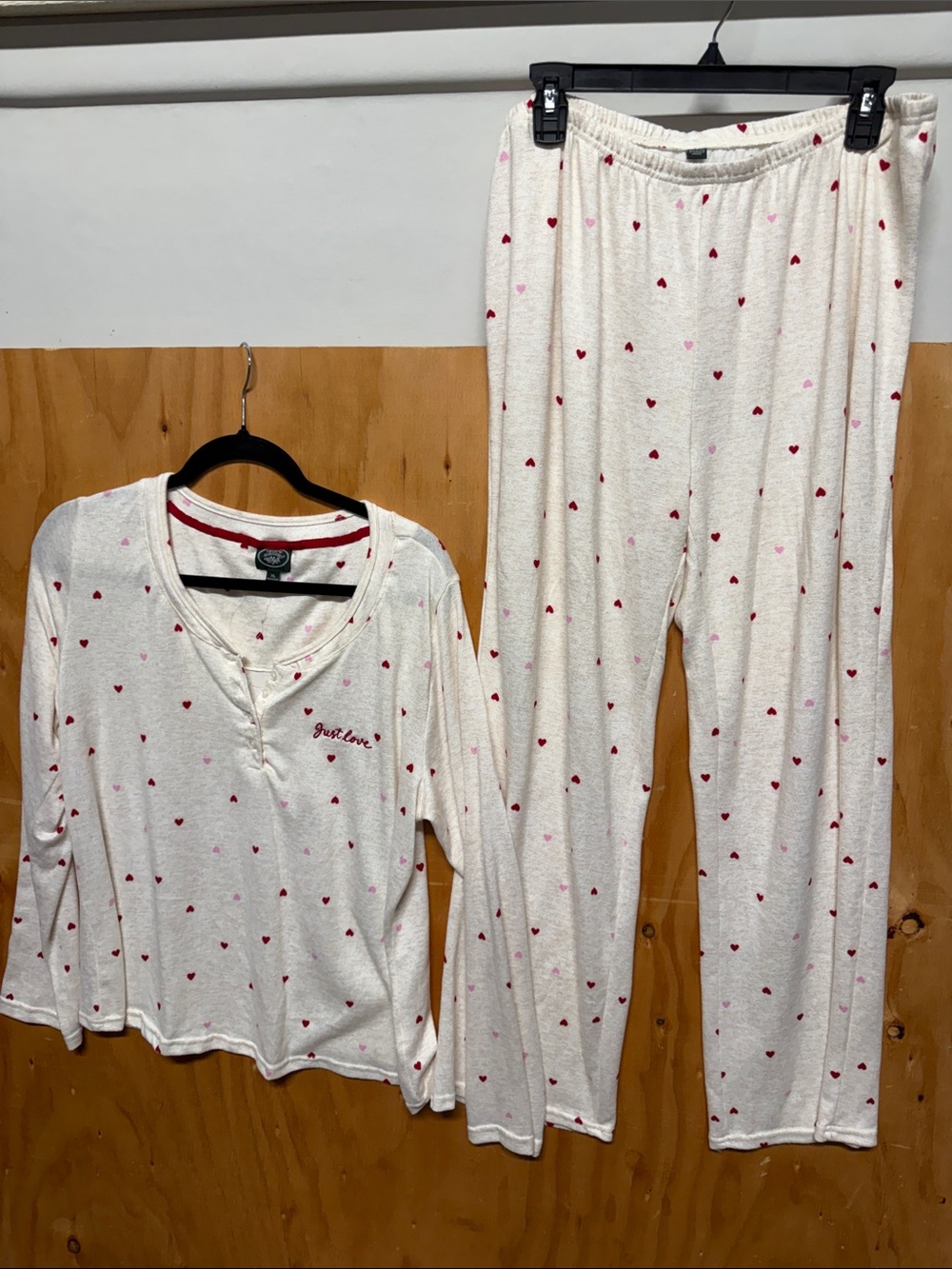 Laura Ashley Cream Pajama Set with Red & Pink Heart Print